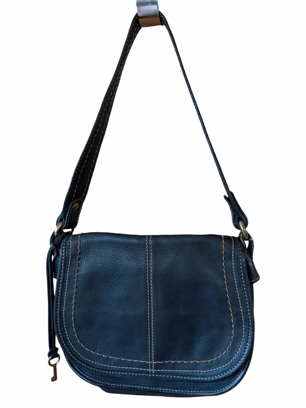 FOSSIL BLACK  VINTAGE‎ LEATHER SHOULDER BAG Stitching